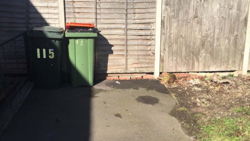 A photograph taken outdoors in a residential or commercial area shows two large, closed wheelie bins positioned on a paved surface near a wooden fence. The bin on the left is green with the number '115' painted in white on its front and has a black lid, while the bin on the right is darker green with a slightly different shade and a matching black lid. The bin on the left is slightly taller and positioned closer to the foreground, with the lid partially visible. The background features a wooden slatted fence and a section of a weathered wooden panel fence on the right. The ground around the bins is a paved asphalt surface with a small dark stain or patch nearby, surrounded by a narrow strip of soil and some sparse grass growth. The scene is illuminated by natural sunlight, casting shadows on the ground and highlighting the textures and colors of the bins and fencing, as part of a rubbish removal service context in Canary Wharf or nearby London district.